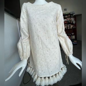 MAR white embroidered linen mini dress with tussles- JUST BEAUTIFUL!